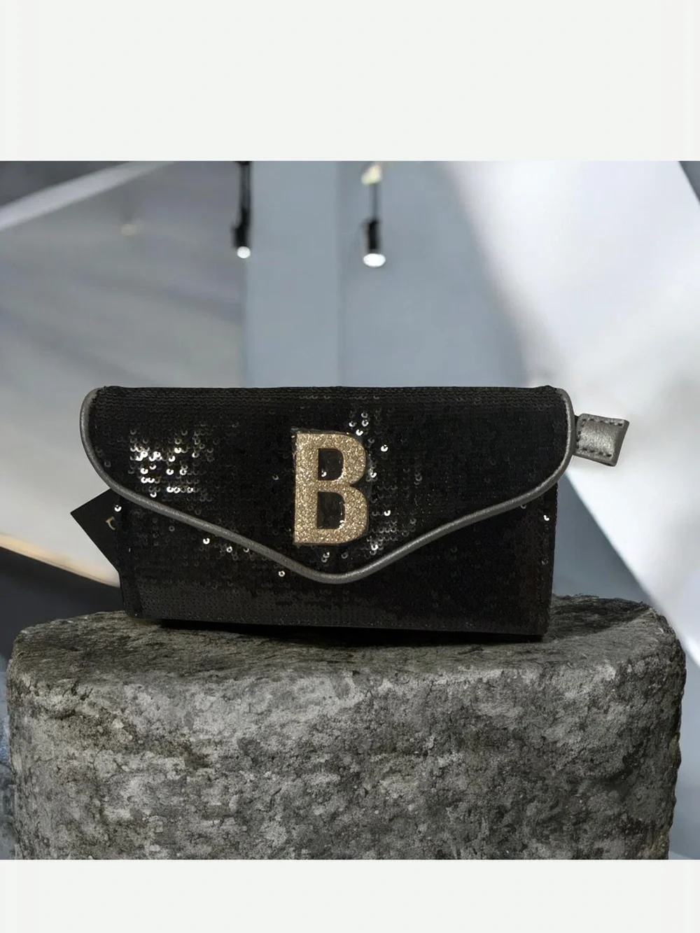 Bebe Black Sequin Clutch with  Gold embellished chain and Gold 'B' Emblem